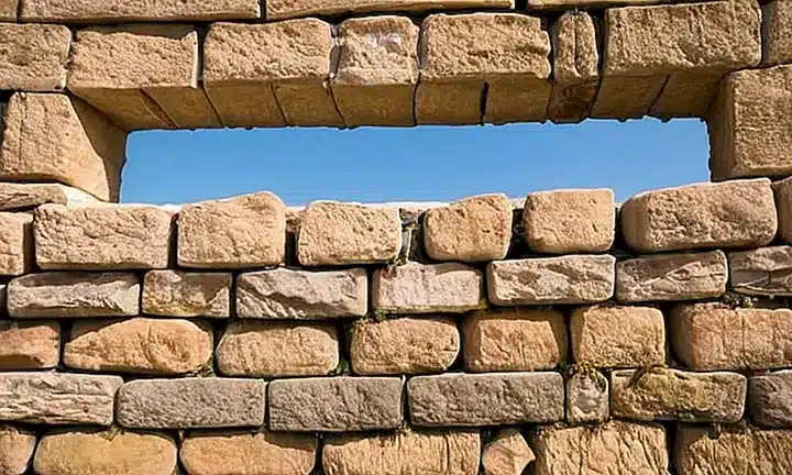 La pared de piedra con texturas rugosas y sombras crea un sentido de estabilidad entre la decadencia y el paso del tiempo