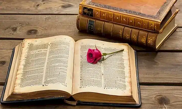 Una Biblia desgastada y amarillenta se abre sobre una mesa de madera envejecida