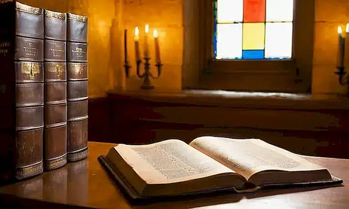 Un escritorio con una Biblia y varios libros antiguos se ilumina suavemente bajo la luz de unos velas