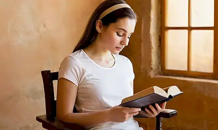 Una joven mujer sentada en una silla anticuada lee un biblia con la luz del amanecer iluminando su rostro