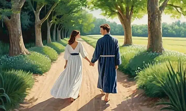 Una ilustración delicada de dos figuras caminando juntas en un camino rodeadas de vegetación y árboles, con el hombre vestido de una simple tela blanca y la mujer con una saya oscura ricamente bordada