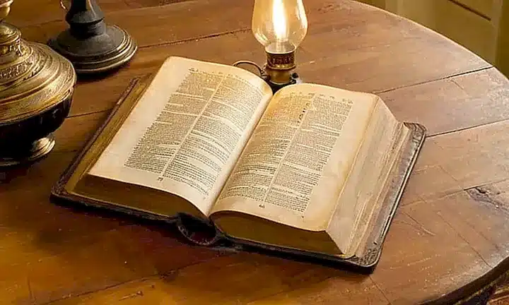 Una Biblia de cuero gastado descansa sobre una mesa de madera bajo la luz suave y dorada de un quinqué