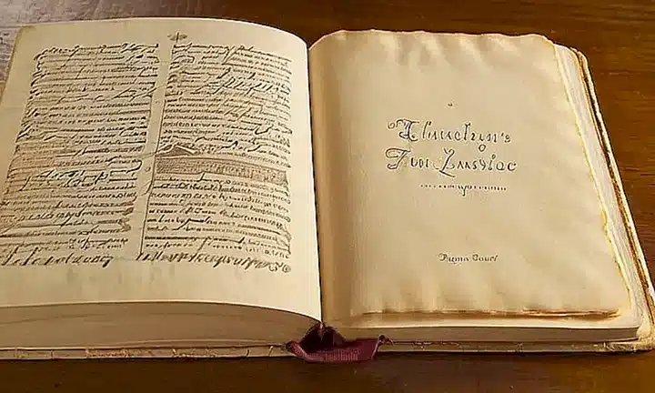 Una mano suave sostiene un libro de Biblia con páginas veteadas, rodeadas de filigrana dorada y marcas de edad, bajo una luz cálida con pequeños destellos de polvo