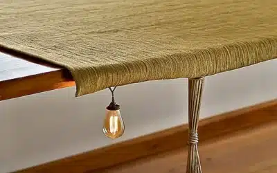 La mesa está cubierta con una funda de lino que se acerca al filo y un velón arroja sombras suaves y suavidad sobre la superficie