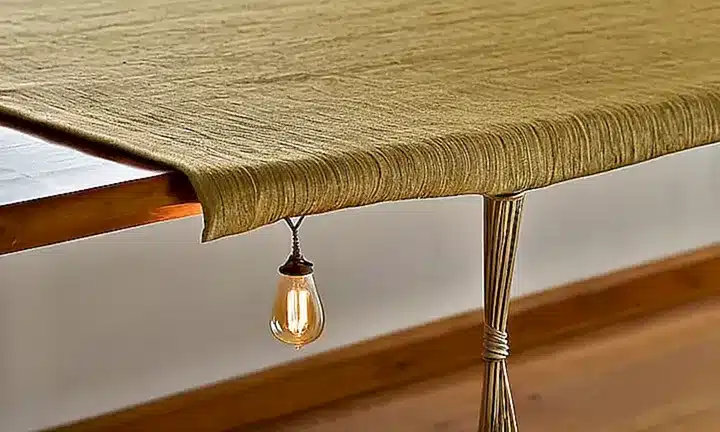 La mesa está cubierta con una funda de lino que se acerca al filo y un velón arroja sombras suaves y suavidad sobre la superficie