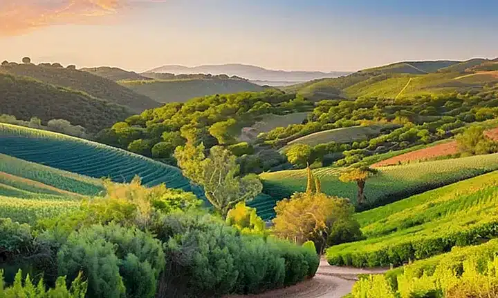 Un paisaje sereno con colinas de tierra terracota y senderos sinuosos rodeado de árboles verdes