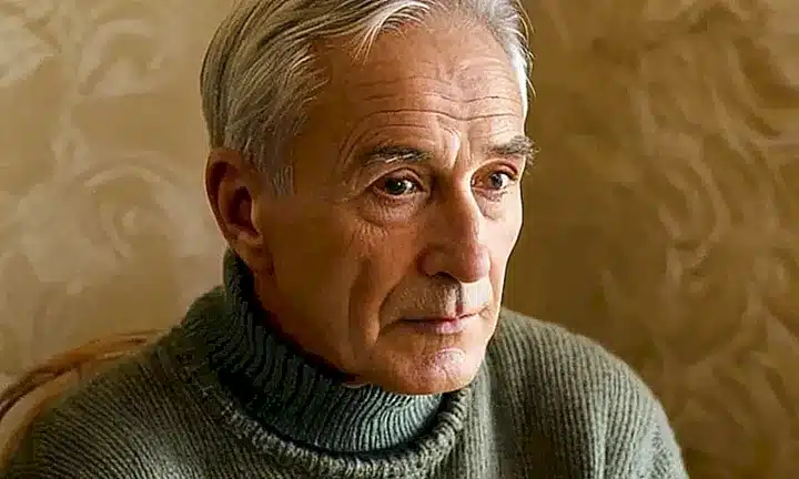 Un anciano sabio sentado en una silla de mano tapizada en lana suelta y beige, iluminado suavemente por la luz natural