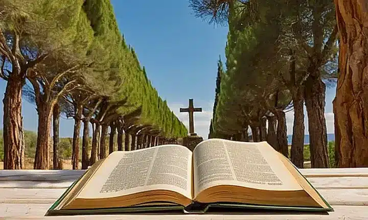 Un libro antiguo y lujoso está abierto sobre una mesa de madera, mostrando un camino serpenteante rodeado de olivos y cipreses, con figuras pequeñas de personas caminando bajo un cielo azul despejado