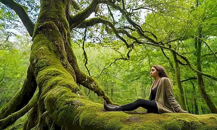 Una mujer joven sentada bajo un árbol deformado observa el cielo con curiosidad