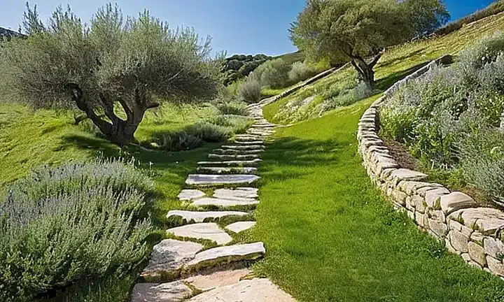 Un paisaje pacífico se despliega con colinas verdes que dan paso a una senda de piedra gastada bajo un cielo soleado y nubes de cirros