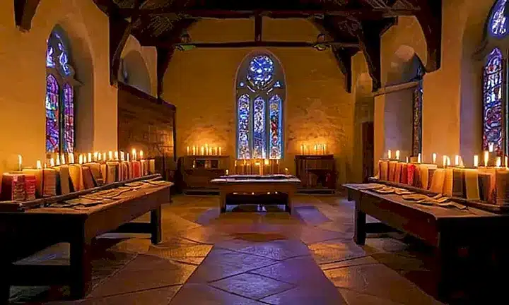 La sala está iluminada débilmente por velas y tiene una atmósfera anticuaria con libros, mapas y pinturas antiguas