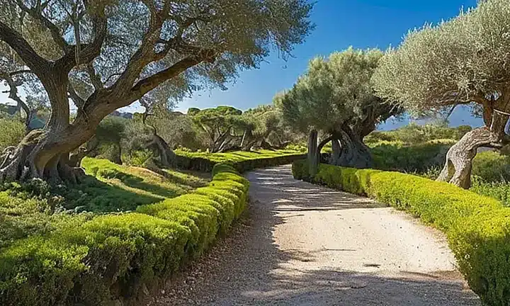 Un paisaje sereno con un camino de 3 metros rodeado por árboles de olivo y cielo claro